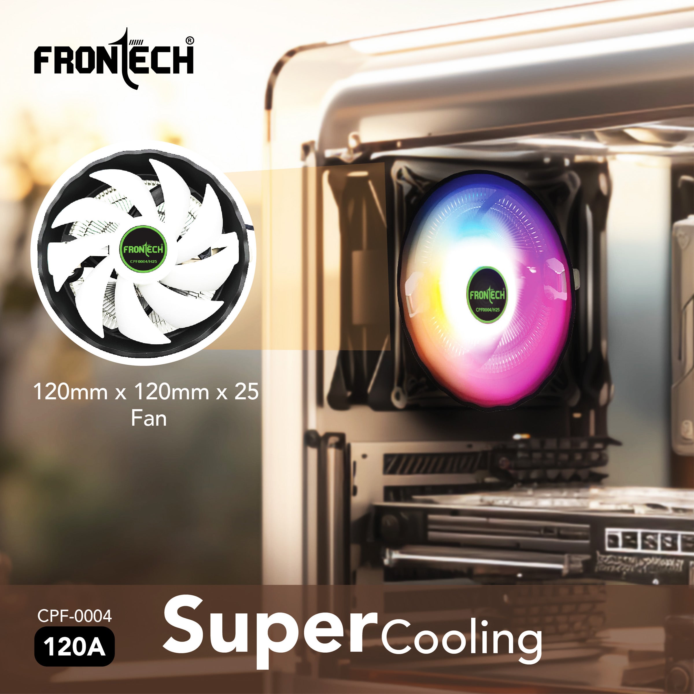 Frontech RGB CPU Cooler with Heatsink, 120mm Silent Fan, 1500 RPM, Hydraulic Bearing, 3-Pin 12V Connector, Supports Intel LGA 1700/1200/115x & AMD AM5/AM4 Sockets – (CPF-0004) Frontech RGB CPU Cooler with Heatsink, 120mm Silent Fan, 1500 RPM, Hydraulic Bearing, 3-Pin 12V Connector, Supports Intel LGA 1700/1200/115x & AMD AM5/AM4 Sockets – (CPF-0004)